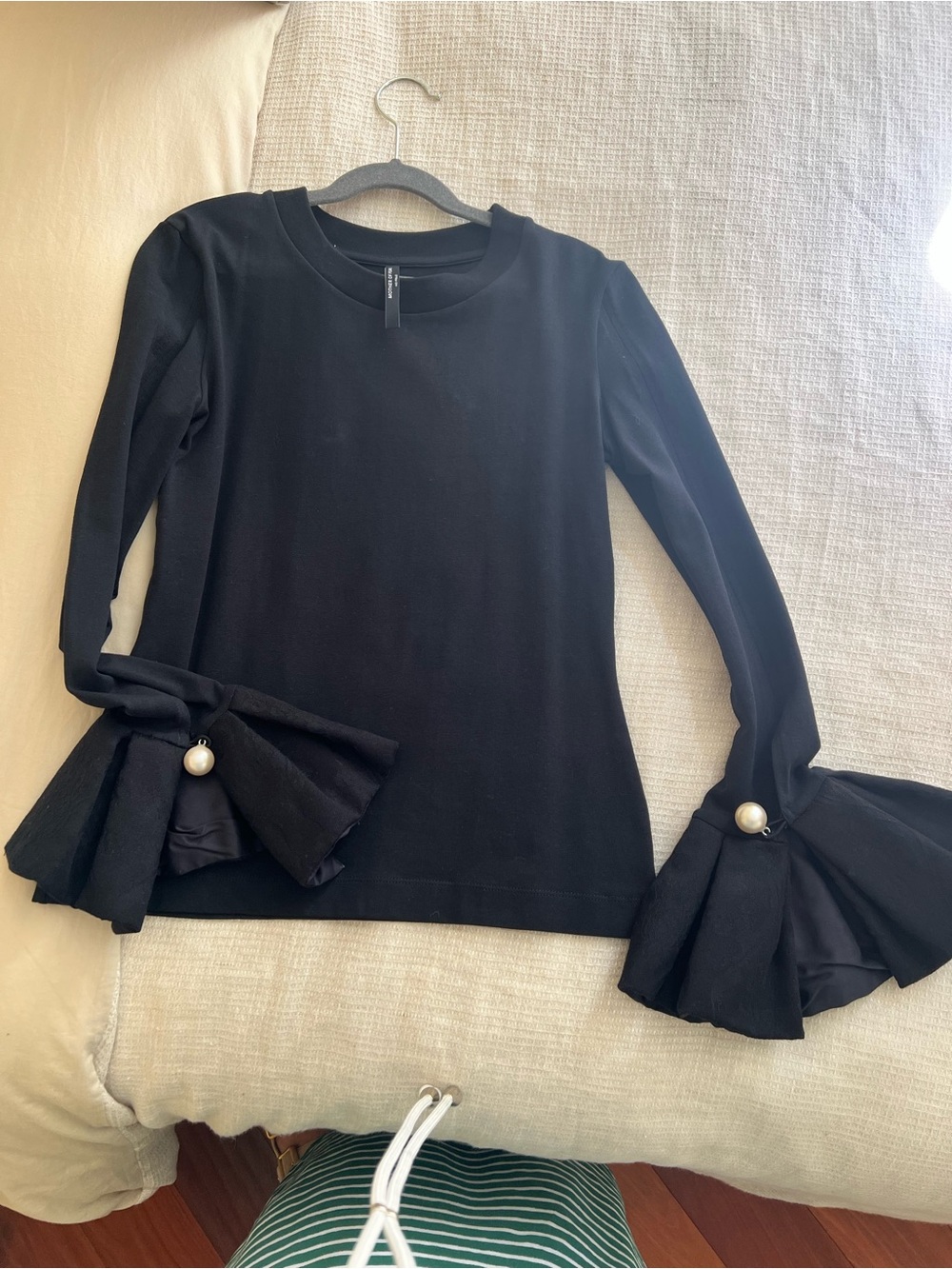 Mother of Pearl Black Long-Sleeve Top with Pearl-Trim Ruffle Cuffs